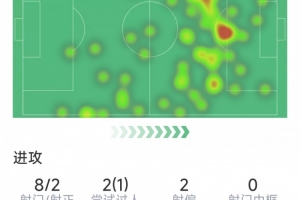 B费本场数据：1粒进球，8射2正，5次关键传球，评分8.4分