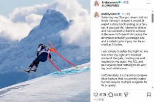 林赛·沃恩告别冬奥会：遭胫骨骨折需多次手术，但我为梦想尝试过