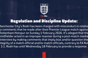 英足总：罗德里踢热刺赛后发言被指控不当言论，需2月18日前回应