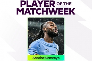 传射建功，官方：曼城边锋塞梅尼奥当选英超第26轮最佳球员