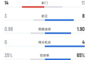 不莱梅0-3拜仁全场数据：射门14-11，射正3-8，控球率35%-65%