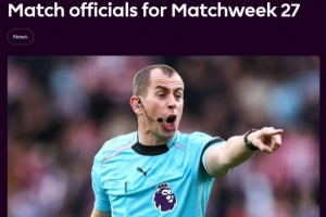 英超第27轮裁判：班克斯执法北伦敦德比 泰勒执法森林vs利物浦