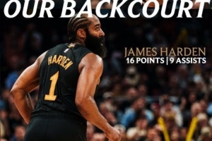 轻松赢球！骑士官方晒后场双枪数据海报：米切尔17+5 哈登16+9