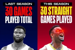 不再那么脆了！锡安已连续出场30场比赛 上赛季一共才打30场