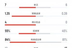 曼城vs纽卡数据：射门15比12、进球机会4比0、控球率55%比45%