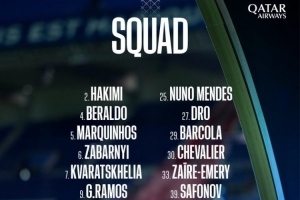 巴黎欧冠名单：阿什拉夫、维蒂尼亚、杜埃、K7在列，登贝莱缺席