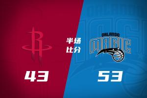 火箭半场43-53落后魔术 火箭三分球9% 贝恩三分5中5！