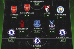 Whoscored评本轮英超最佳阵：佩德罗等蓝军3人、加布里埃尔在列