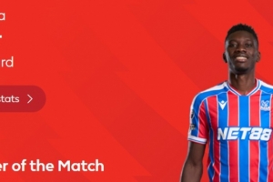 梅开二度，英超官方：萨尔当选水晶宫3-1热刺全场最佳球员