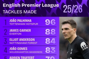 本赛季英超抢断次数榜：帕利尼亚96次居首，加纳88次第二