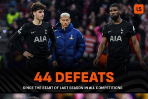 热刺上赛季以来输掉44场比赛，与阿森纳近5个赛季输球场次相同