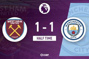 半场-曼城暂1-1西汉姆联 B席小角度挑射破门多纳鲁马出击失误