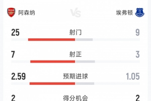 阿森纳2-0埃弗顿全场数据：射门25-9，射正7-3，得分机会2-2