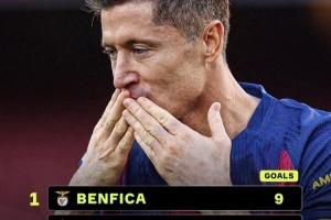 被莱万在欧冠赛场破门最多的球队：本菲卡9次，红星7次，皇马6次